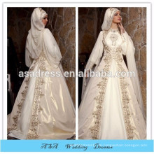 MUSL-888 Fabulous Dubai neuestes Design Langarm Perlen Organza Braut Hijab Brautkleid für muslimische Frauen